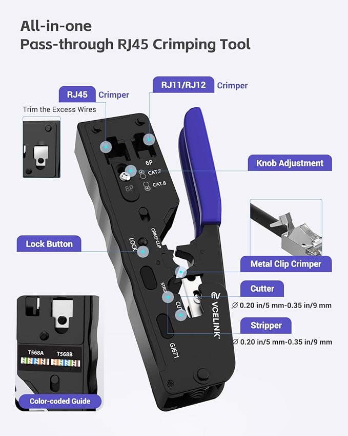 VCELINK RJ45 Crimp Tool Kit, Ethernet Wire Cutter Crimper, All-in-One Network Tool Kit Bag with Network Lan Cable Tester, 50PCS Cat6 Pass Through Connectors, 50PCS Boots, Mini Cable Stripper