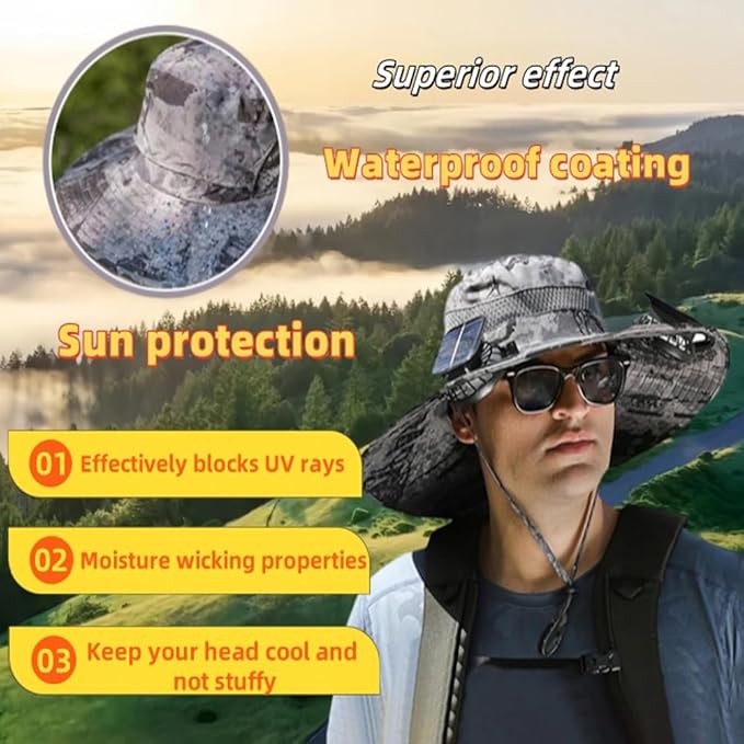 Solar Fan Hat ，Wide Brim Solar Fan Hat with 2 Solar Powered Fan Built ，Waterproof Outdoor Fishing Hat
