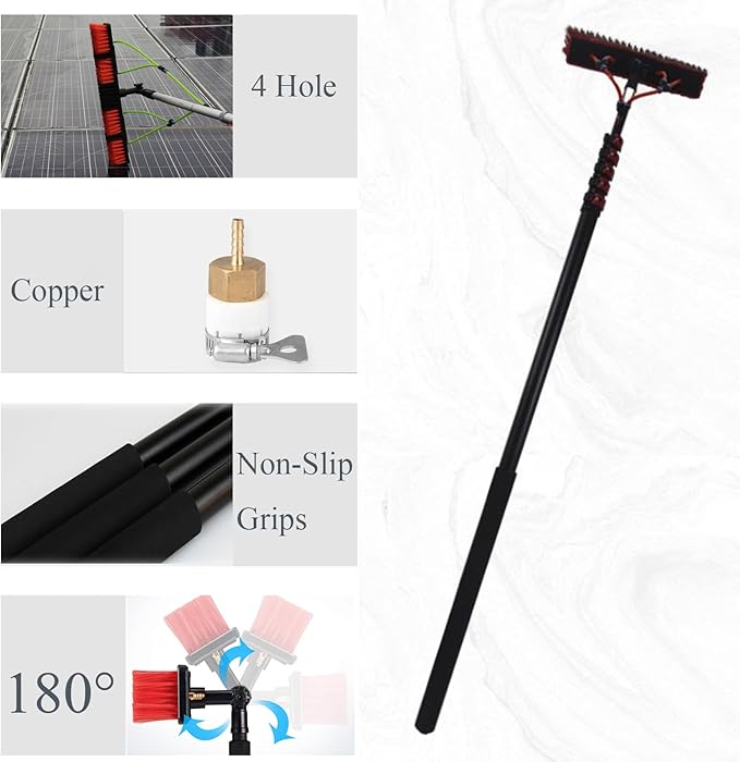 Extendable Water Fed Solar Panel Cleaner, Water Fed Telescopic Brush 6m | 55cm Brush, Telescopic Hydrocleaner for Cleaning Photovoltaic and Solar Panels Black