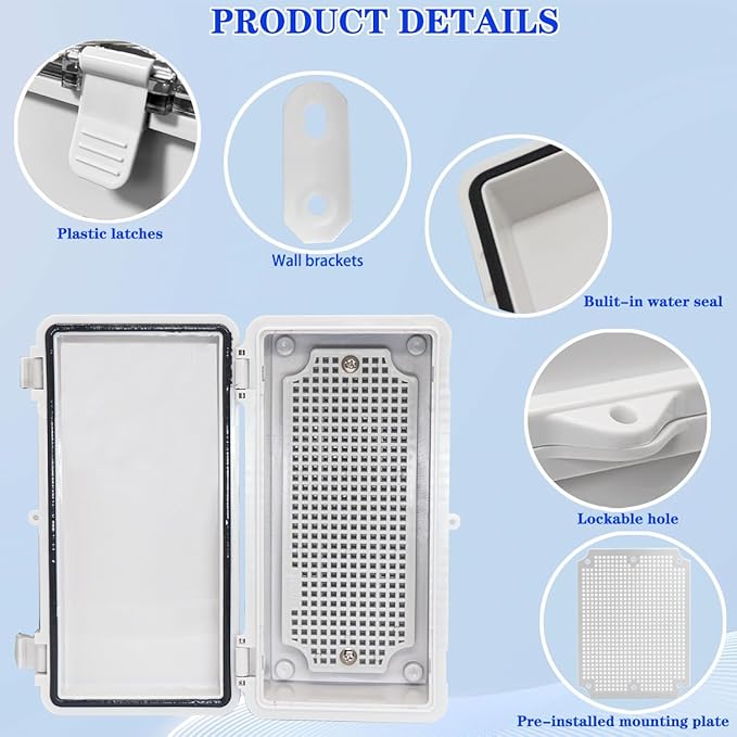 Waterproof Electrical Box Dustproof Junction Box Weatherproof IP67 ABS Plastic Enclosure Switch Router Project Box with Mounting Plate with Wall Bracket 2 Cable Glands Grey 7.9"x3.9"x2.8"