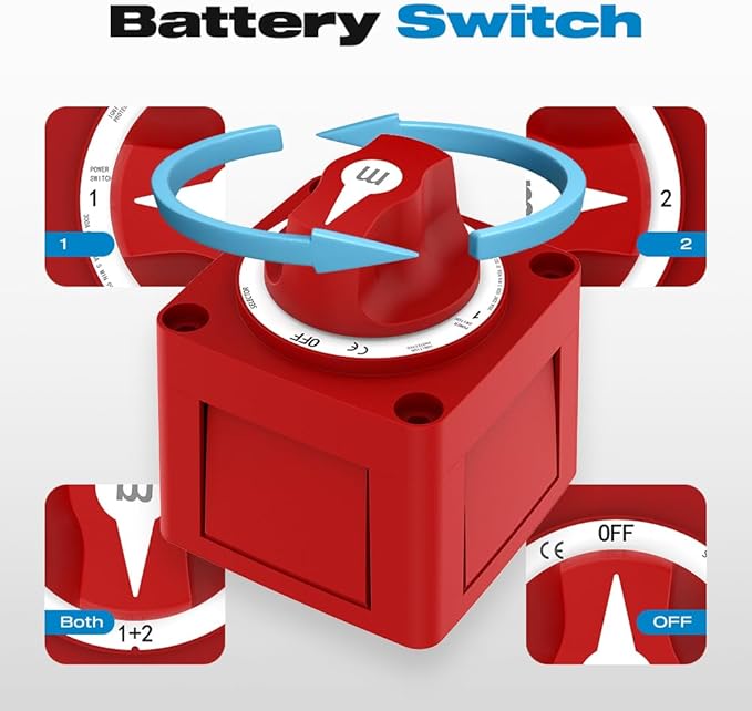 Battery Disconnect Switch, Malictele 300A 1-Both-2-Off Heavy Duty Cutoff Switch 12V-48V Waterproof Ignition Protected Power Kill Switch with Knob for Marine, Boat, Car, RV, Truck Battery - 4 Position