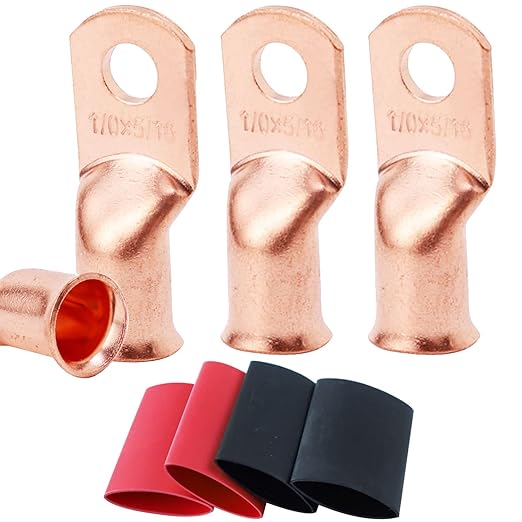 TKDMR 4pcs 1/0 AWG-5/16 Battery Lugs,Heavy Duty Wire Lugs,Ring Terminals,Battery Cable Ends,0 Guage terminals,Battery Terminal Connectors with 4pcs 3:1 Heat Shrink Tubing