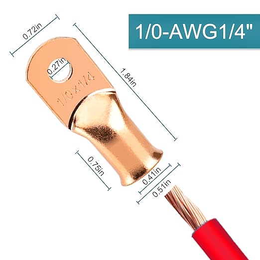 8 PCS Battery Terminal Connectors, Battery Cable Ends Lugs, 1/0 Gauge Wire Connectors, 1/0 AWG 1/4" Stud Ring Terminals, Copper Wire Lugs with Heat Shrink Tubing.
