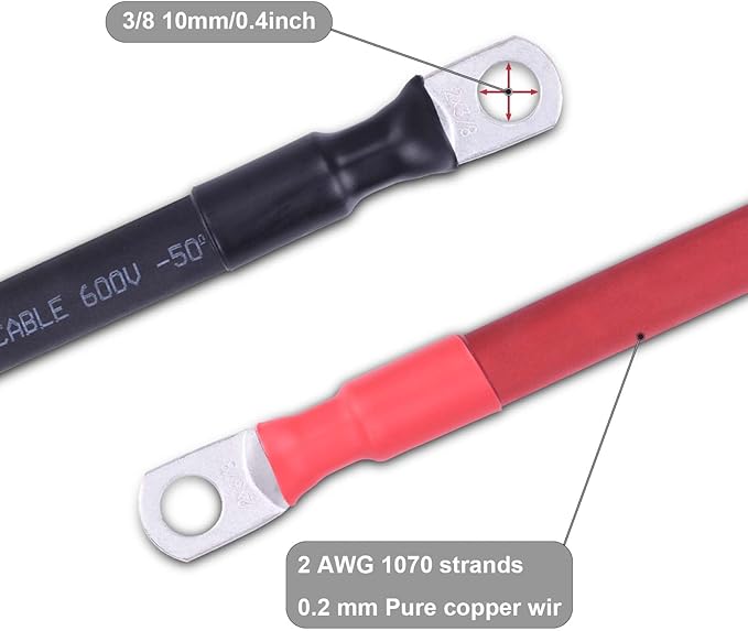 2 AWG Flexible Battery Cable with 3/8" Terminals - OFC Pure Copper Inverter & Welding Wire for Automotive Solar RV Motorcycle (Red + Black 3FT Pair)