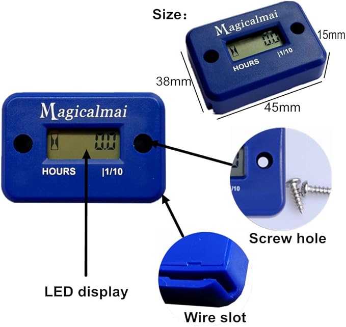 Inductive Hour Meter for Gas Engine Generator Lawn Mower Pressure Washer Marine ATV Boat Outboard Motor Dirt Bike Motorcycle Waterproof Hr Meters - Blue