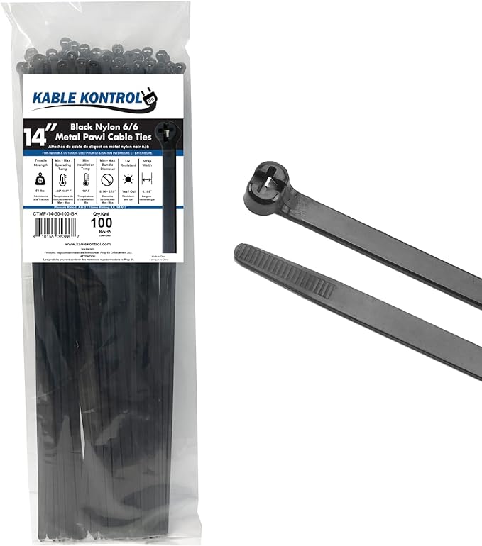 Kable Kontrol Cable Ties with Metal Tooth, 14 Inch 100 Pcs, 50 Lbs Tensile Strength, Metal Pawl, Stainless Steel Toothed Self-Locking Device, UV Resistant Steel Barb Zip Ties - Black