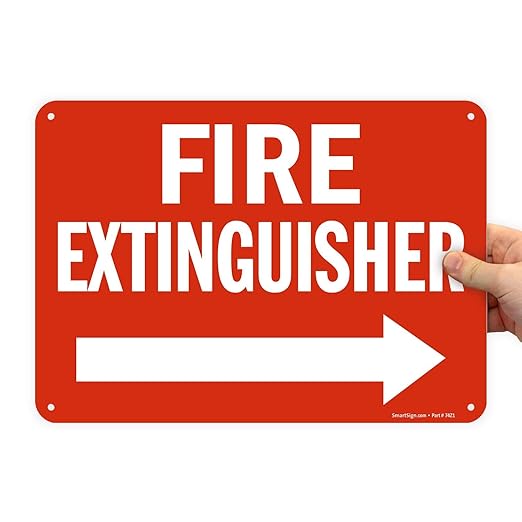 SmartSign 10 x 14 inch “Fire Extinguisher” Metal Sign with Right Arrow, 40 mil Laminated Rustproof Aluminum, Red and White, Made in USA