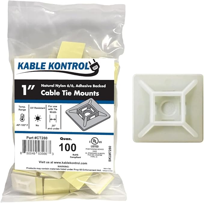 Kable Kontrol Zip Tie Mounts, 1” Sq, Natural White, 100 Pcs, Adhesive Backed Multi-Purpose Mounting Squares Nylon Cable Tie Wrap Anchor Pads for Cable Management