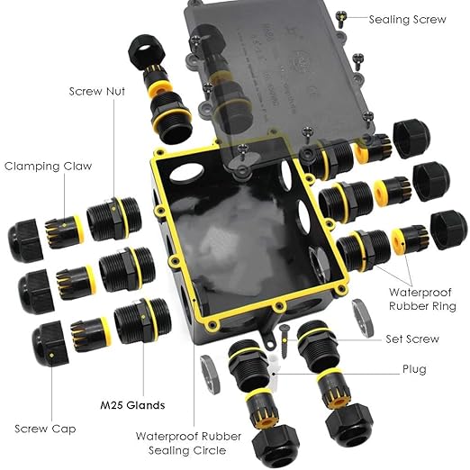 IP68 Waterproof Junction Box Outdoor 10Way 10 Cable M25 Gland Wire Connector, Extension Electrical Cable Protector for Diameter Cable Ø4-14mm Black 1Pack