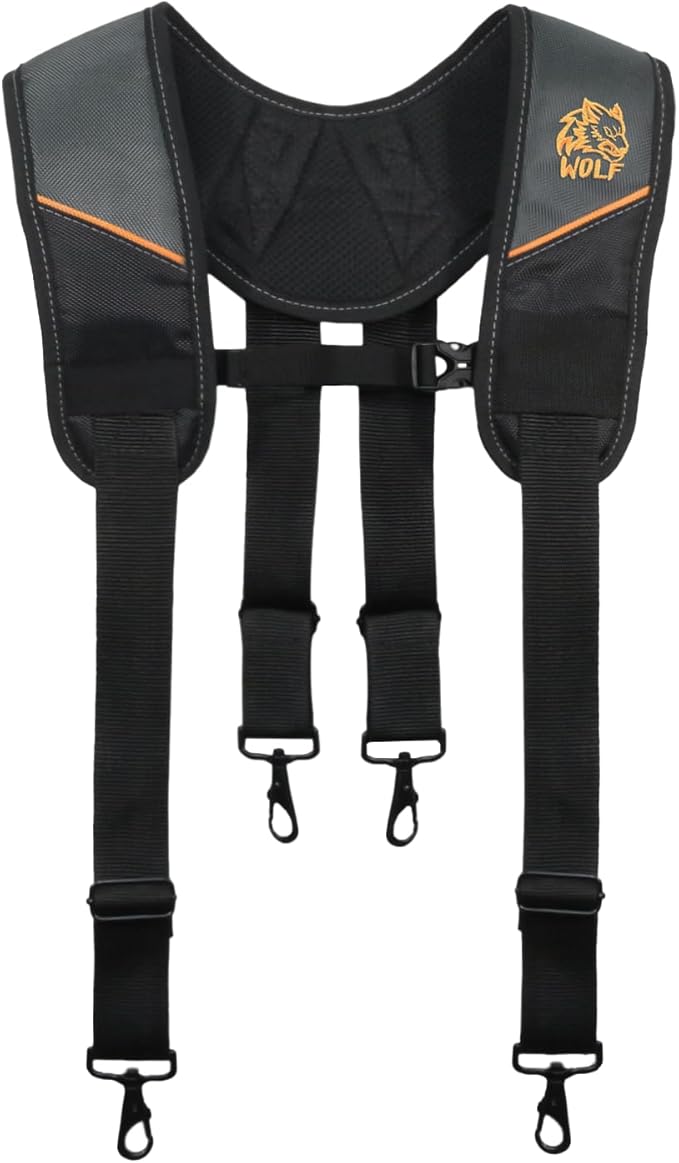 WOLF WTH2115 Padded 4-point Suspenders for Tool Work Belt | Universal Breathable Comfort Lightweight | Contractors Handyman | Pain Stress Relief Weight Distribution