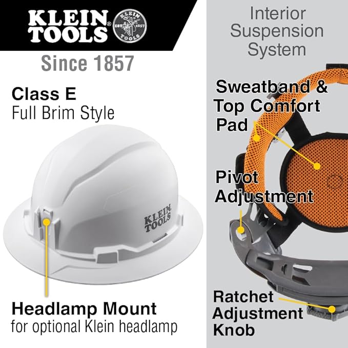 Klein Tools Hard Hat, Non-Vented Full Brim Style, Padded, Self-Wicking Odor-Resistant Sweatband, Tested up to 20kV
