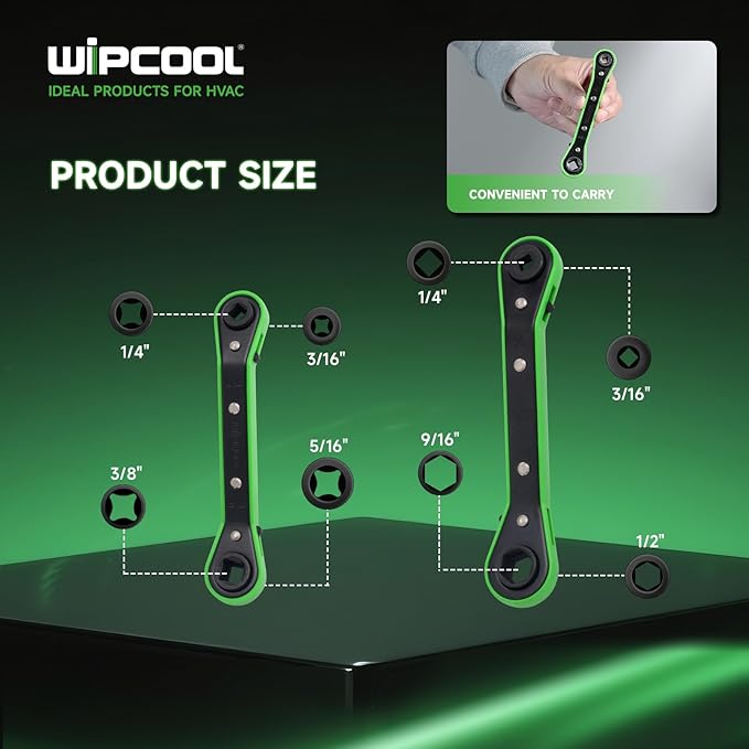 WIPCOOL HVAC Service Wrench Tools Set, Refrigeration Ratcheting Wrench, 3/8”1/4”5/16'' 3/16'' 9/16”1/2”, with 2 Hexagon Bit Adapter Kit for Air Refrigeration and Equipment Repair Tools