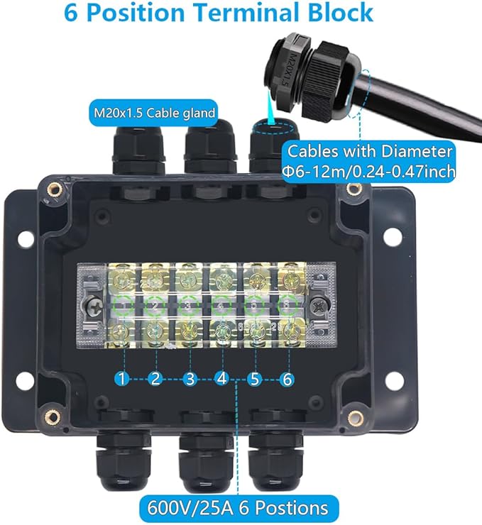 Project BoxI P67 Outdoor Waterproof Box Electronic Junction Box with 25A 600V 6P Barrier Terminal 3IN/3Out Electrical Boxes 4.5x3.5x2.12 inch