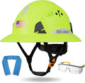 Full Brim Hard Hat ANSI Z89.1 Type 1 & OSHA Certified Safety Helmet with Glasses and Cooling Towel,with 6-Point Suspension & Adjustable Vents