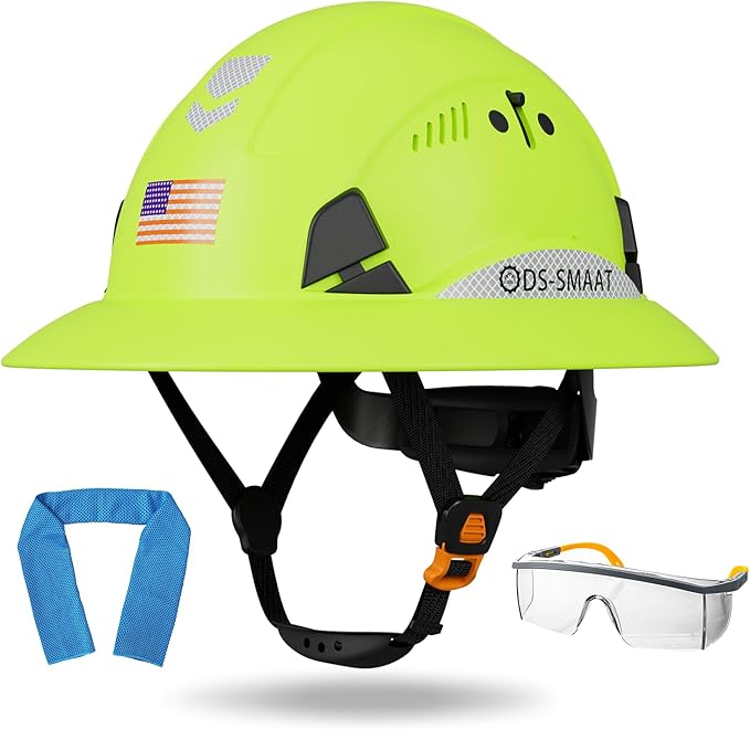 Full Brim Hard Hat ANSI Z89.1 Type 1 & OSHA Certified Safety Helmet with Glasses and Cooling Towel,with 6-Point Suspension & Adjustable Vents
