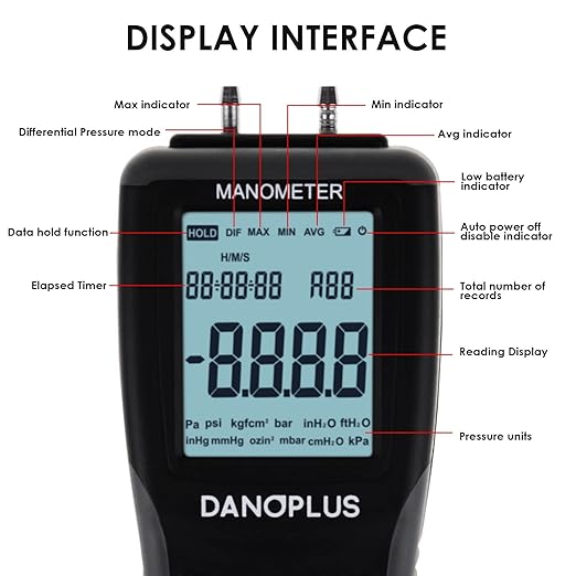Manometer Digital Manometer Gas Pressure Tester Professional 12 Selectable Units Differential Manometer Gauge HVAC Air Pressure Meter with Large LCD Display Backlight, Data Record Funtion