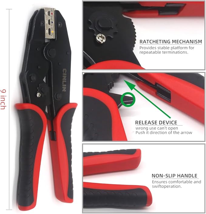 Crimping Tool For Heat Shrink Connectors-AWG 22-10 Ratchet Wire Terminal Crimper-Ratcheting Crimper Tools-Available For Insulated Nylon Connectors and Electrical Wire Connectors HS-125