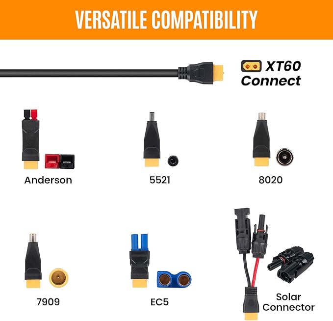6-in-1 Solar Panel Connector Kit Solar Connector to DC5521 7909 8020 XT60 EC5 Solar Panel Multi Connector Cable Portable Heavy-Duty Weatherproof for RV Power Staion Generator(33ft)