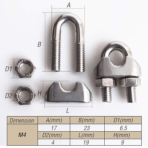 3/16 Inch M4 Wire Rope Cable Clip Clamp, 304 Stainless Steel, U Bolt Saddle Fastener, 25 Packs