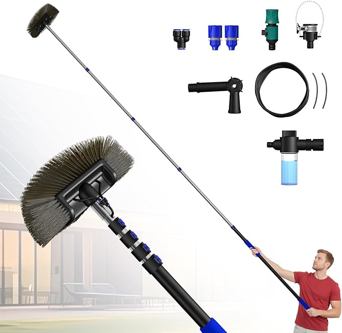 20FT Solar Panel Cleaning Brush and Pole, Cleaning Kit with 5-20FT Telescopic Pole, Accompanied by an Extension Pole and Soap Dispenser, Ideal for Snow Removal, Windows, Boats, RVs, Decks