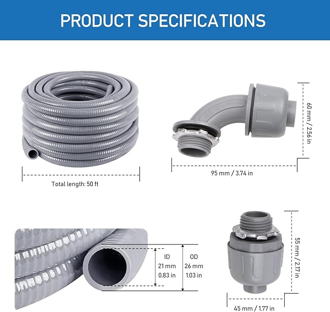 Z 3/4" Dia * 50 Feet Flexible Electrical Conduit Liquid Tight PVC Conduit Kit - UL Listed PVC Non-Metallic with 5 Straigh, 5 Angled Fittings and 10 Strap, UV Resistant for HVAC/Outdoor/Burial