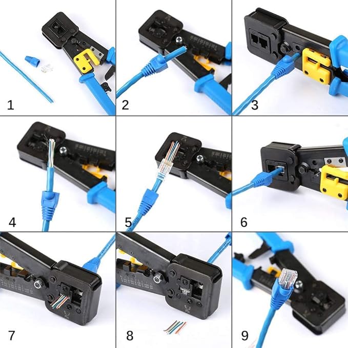 RJ45 Crimping Tool Ethernet Crimper for Cat6 Cat5 Cat5e RJ45 Pass Through Connectors and R11/RJ12 Regular Ends with 50Pcs Connectors, 50Pcs Covers and Mini Wire Stripper