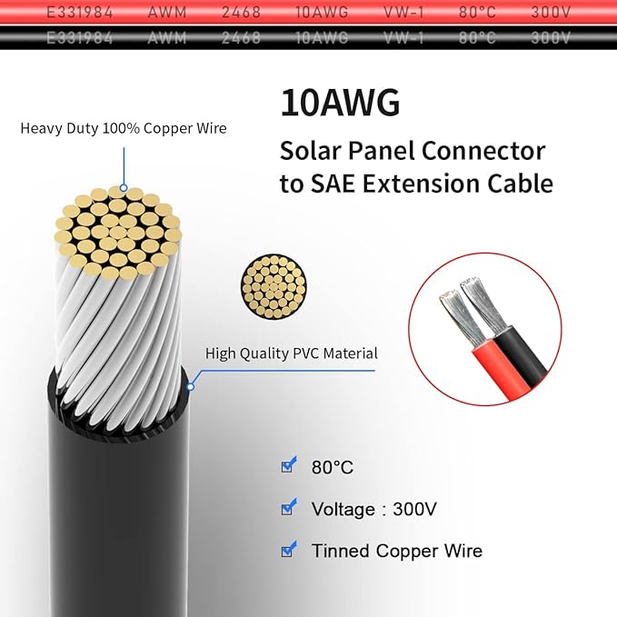 10AWG 20FT Solar Connector to SAE Adapter 2 3.3 10 20 35 50 FT SAE Solar Panel Extension Cable with SAE Polarity Reverse Adapter for Solar Panels Car Battery Charger Kit