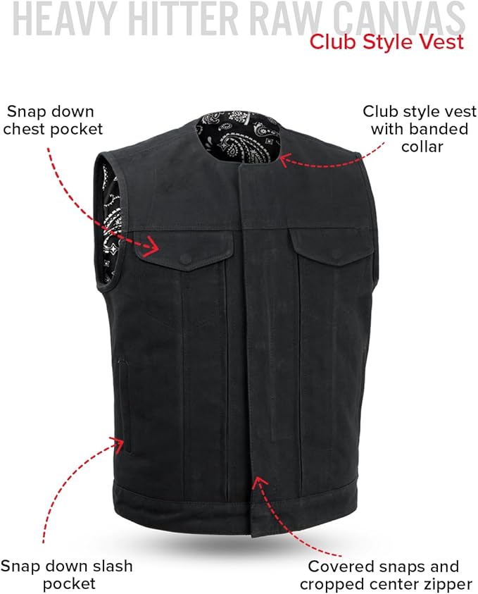 First Mfg Co - Men's Motorcycle Biker Riding Black Canvas Vest
