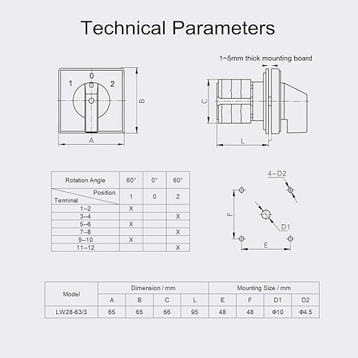 Changeover Switch LW28-63 3 Positions 12 Terminals Universal Rotary Cam Selector Latching Switches 690V 63A