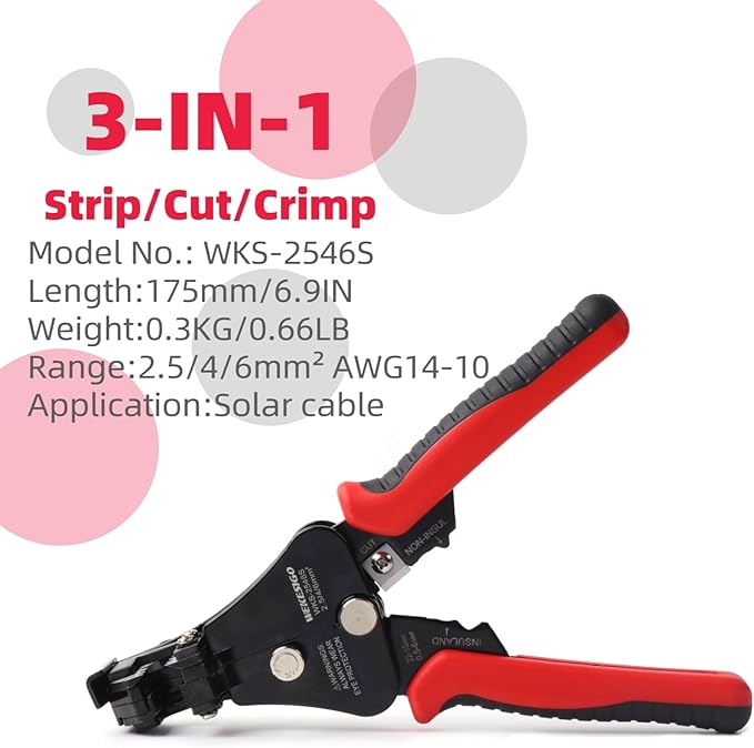 3 in 1 Adjustable Wire Stripper Tool, Automatic Solar Cable Stripper/Cutter for 2.5/4/6mm14-10 AWG Solar Wire