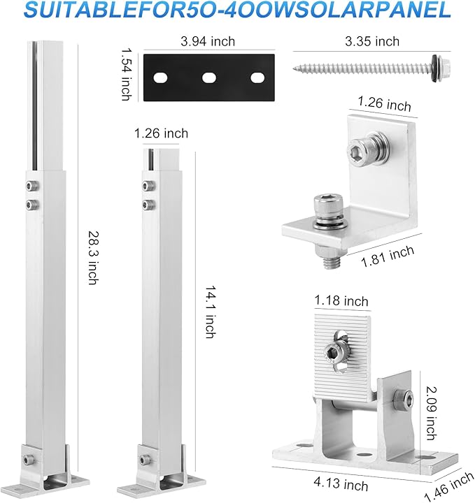 Adjustable Solar Panel Tilt Mount Brackets, Aluminum Alloy Solar Panel Mounting Brackets for 50W-400W Panels, Solar Panel Wall Mount Kit for Roof RV Boat Flat Surface, Anti-Corrosion Solar Panel Mount