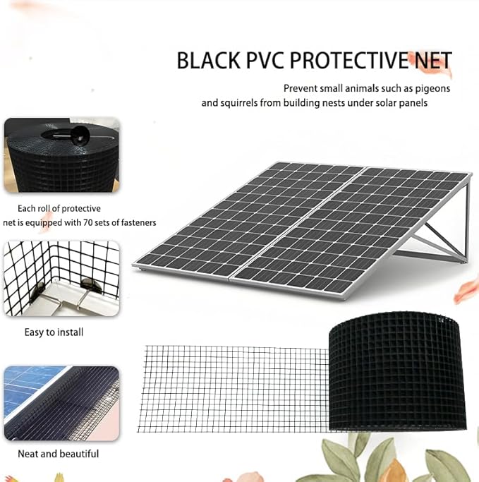 6-inch * 100 Foot Solar Panel Protective net, Black PVC Coated Rolled net, with 70 Sets of Fasteners, Anti cat/Squirrel/Bird Intrusion Solar Panel Internal Welding Protective net