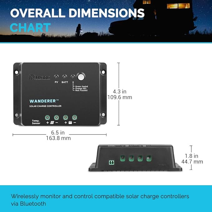 Renogy Wanderer 30 Amp 12V Advanced PWM Negative Ground Solar Charge Controller Battery Regulator Compatible with Sealed, Gel, and Flooded Batteries and Wanderer Temperature Sensor