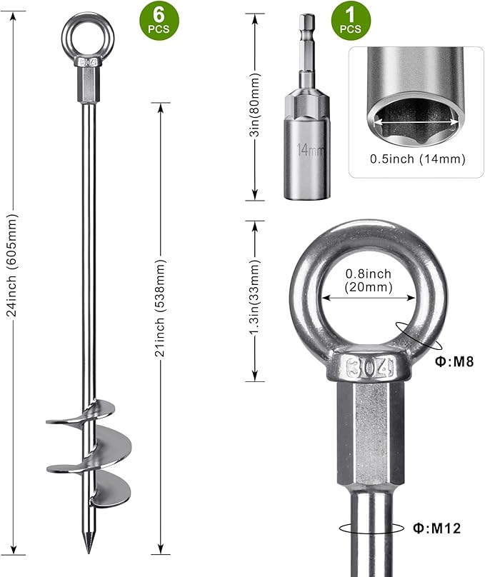 24'' Ground Anchors Screw in Heavy Duty 12mm Solid Steel, 3" Spiral Blade with Smooth Edges, Fully Welded Design for Mobile Home, Shed, Trampoline, Swing Set, Carport, Earth, Tent, 6Pack
