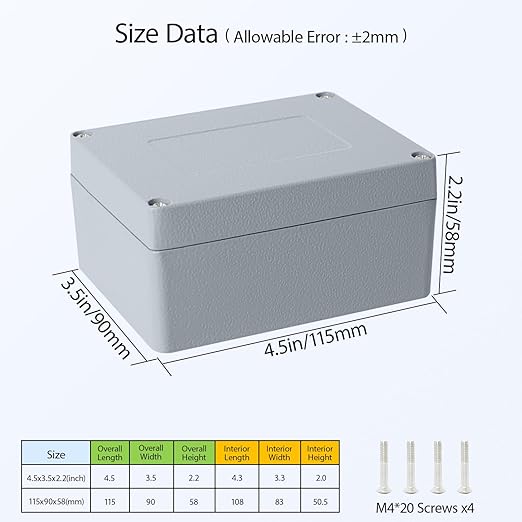 LeMotech Junction Box, Aluminum Alloy Metal Electrical Box, IP67 Waterproof Dustproof Project Box, Outdoor Universal Enclosure, Grey 4.5x3.5x2.2in (115x90x58mm)