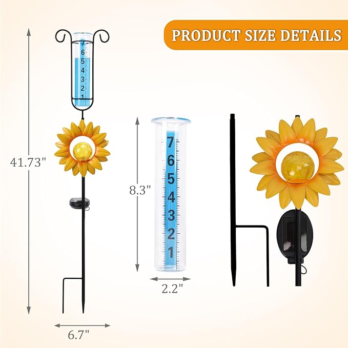 WONDER GARDEN Solar Rain Gauge Outdoor, Sunflower Decorative Rain Gauges Outdoors Best Rated with Yellow Crackled Glass Ball, Freeze Proof Water Rain Measure Gauge for Yard Patio Lawn Decor