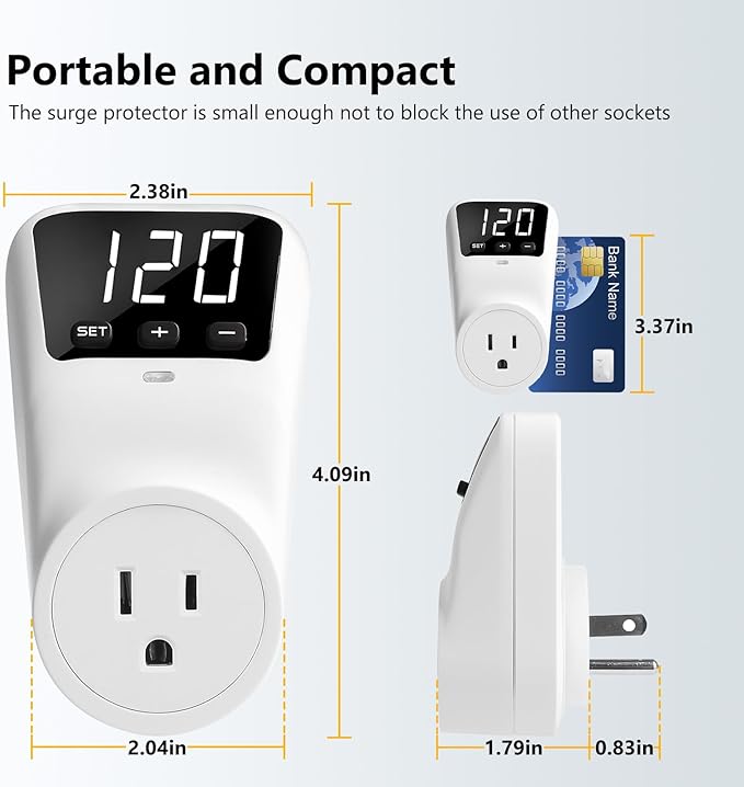 BSEED Voltage Protector Electronic Surge Protector Outlet, 1800W Wall Surge Protector for Refrigerator, TV, PC, Home Appliance, Voltage Regulator with LED Display Screen, Adjustable, 15A, 120V, 1 Pack