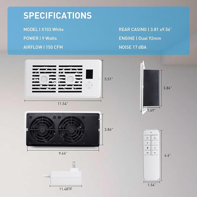 Smart Register Booster Fan, White, 4x10 Inch, Ultra Quiet Dual-Ball Bearing, 10-Speed Thermostat, HVAC Vent Airflow Enhancer for Heating and Cooling
