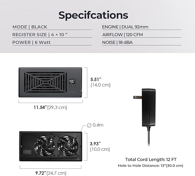 Quiet Register Booster Fan Fits 4" x 10" Register Holes, 10-Speed Smart Heating Cooling AC Vent Fan with Remote Control and Thermostat Control - Black