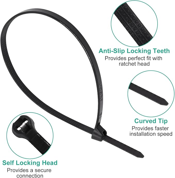 150pcs Push Mount Zip Ties 8 inch, Self Locking Straps Cable Zip Tie with Stainless Steel Metal Tooth Locking Device Heavy Duty Nylon Zip Tie Clips (8", Black)