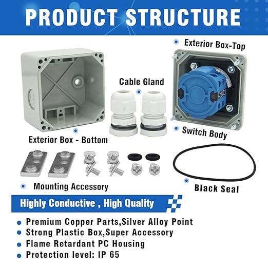 KEYMOO 20A Rotary Changeover Switch, 3 Position 2 Phase 8 Terminals, ON-Off-ON Universal Selector Switch,CE 20/D202.2D (Switch & Exterior Box)