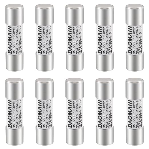 Baomain 10-Pack gPV Solar PV Fuse 25A 1000V DC, 10x38mm, 33kA Breaking Capacity, CE Listed for Photovoltaic Systems, Combiner Boxes (25 Amp.)