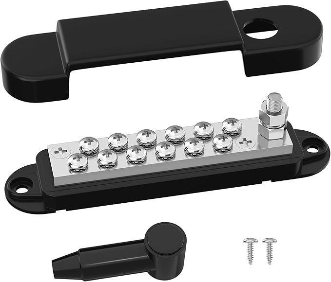 Marine Bus Bar 12V 150A Power Distribution Block 1/4" Stud & 12 x #8 Terminal Screws 12 Volt DC Ground Battery Bus Bar for Boat Automotive Solar