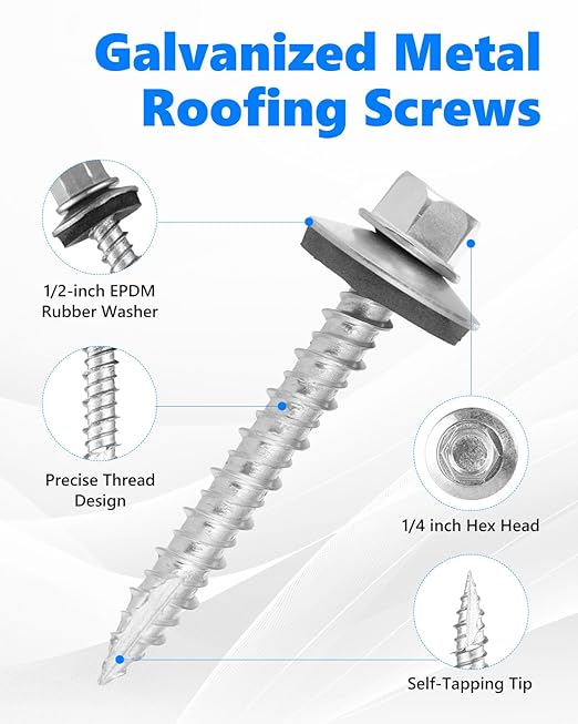 Metal Roofing Screws#10 × 1-1/2 Inch, 300Pcs Zinc Plated Hex Head Metal Roof Screws with Rubber Washers for Corrugated Roofing Panels (Hex Socket Included)