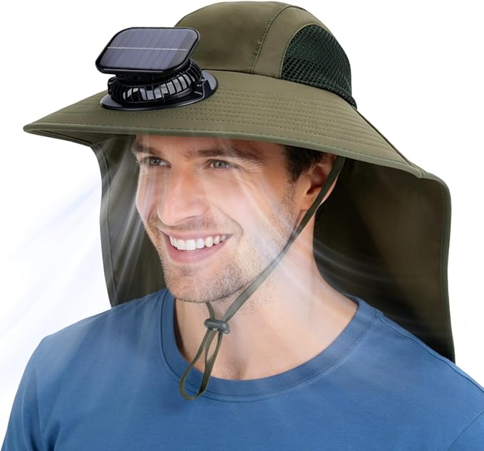 Solar Fan Hat Wide Brim Hat with Fan Sunscreene Neck Flap 3-Speed Outdoor Sun Hat for Fishing,Hiking,USB Solar Charging