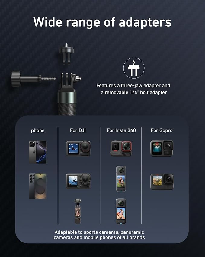 TELESIN Selfie Stick Long Pole Invisible for GoPro (120cm/47.2in), Carbon Fiber Waterproof Extension Monopod for GoPro 13 12 11 10 DJI Osmo Nano Action 6 5 Pro 4 Pocket 3 Insta360 X5 X4 GO3 Ace Pro 2