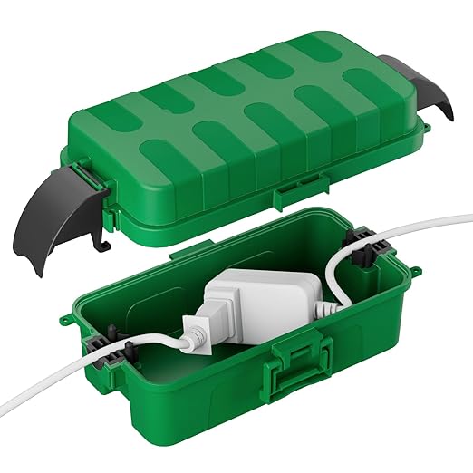 FLEMOON IP55 Outdoor Electrical Box Waterproof with Detachable Awning Covers, 8.3 x 4.1 x 3.7 inch Weatherproof Extension Cord Cover, Easy Installation for Outdoor Plug, Outlet, String Lights, Green