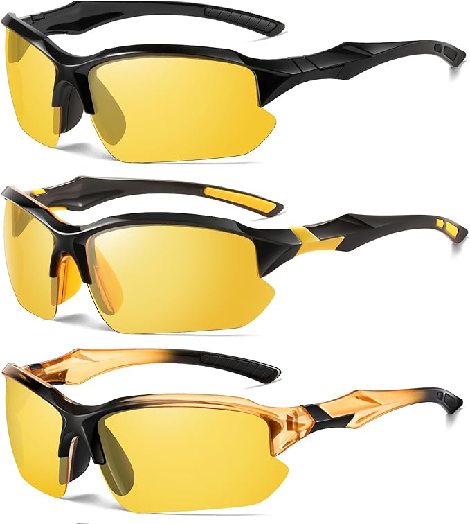 3PACK Polarized Night Vision Glasses for Men Driving Cycling Sport Night Anti Glare Yellow Lens Glasses Lightweight Frame