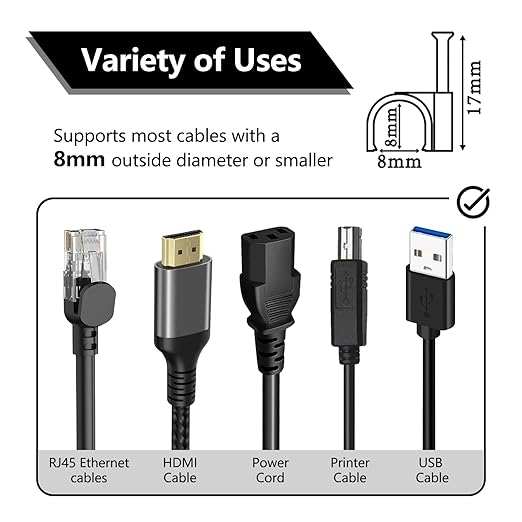 Jadaol Cable Clips 100Pcs 8mm Nail in Clips for Round Ethernet Cables Wall Clips Cable Tacks Electrical Wire TV Cable Speaker Wire Coax Clips Cable Nails for Cords Cat5/Cat5e/Cat6/Cat7 RJ45 Cord Clips