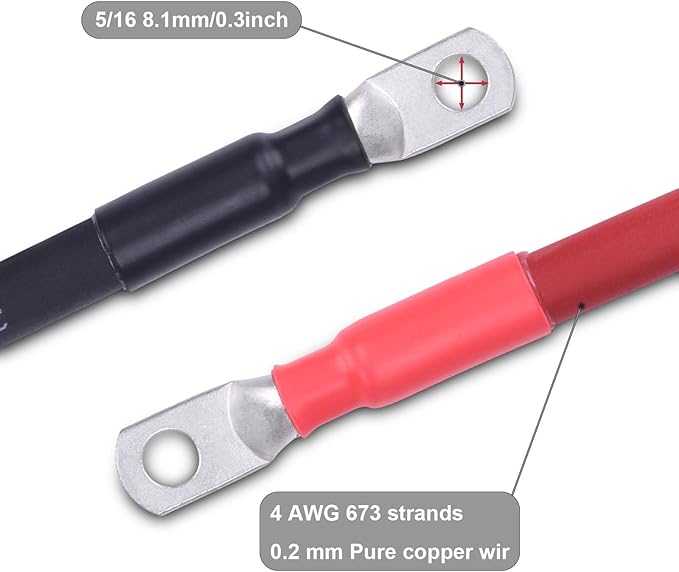 4AWG Flexible Battery Cable with 5/16" Terminals - OFC Pure Copper Inverter & Welding Wire for Automotive Solar RV Motorcycle (Red + Black 3FT Pair)